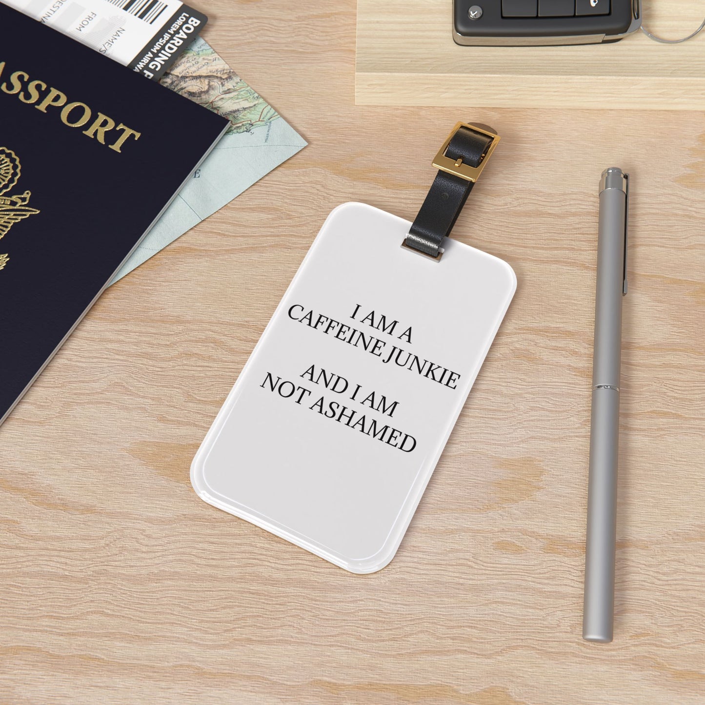 Caffeine Junkie Leather Strap Luggage Tag