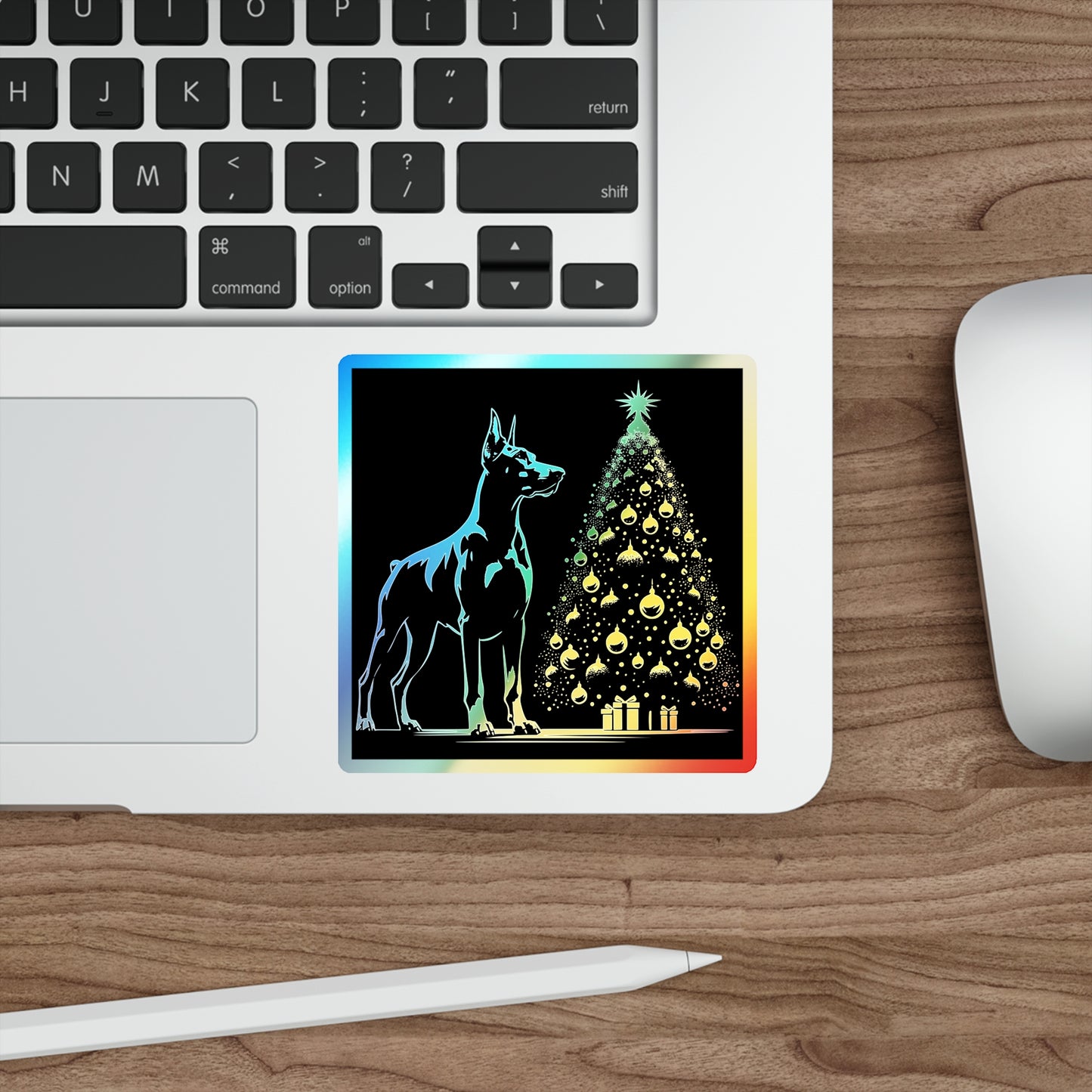 Doberman Christmas Tree Holographic Sticker