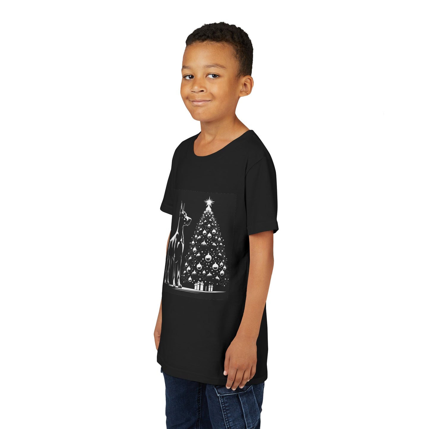 Doberman Christmas Tree Youth Unisex Short Sleeve Crewneck Tee