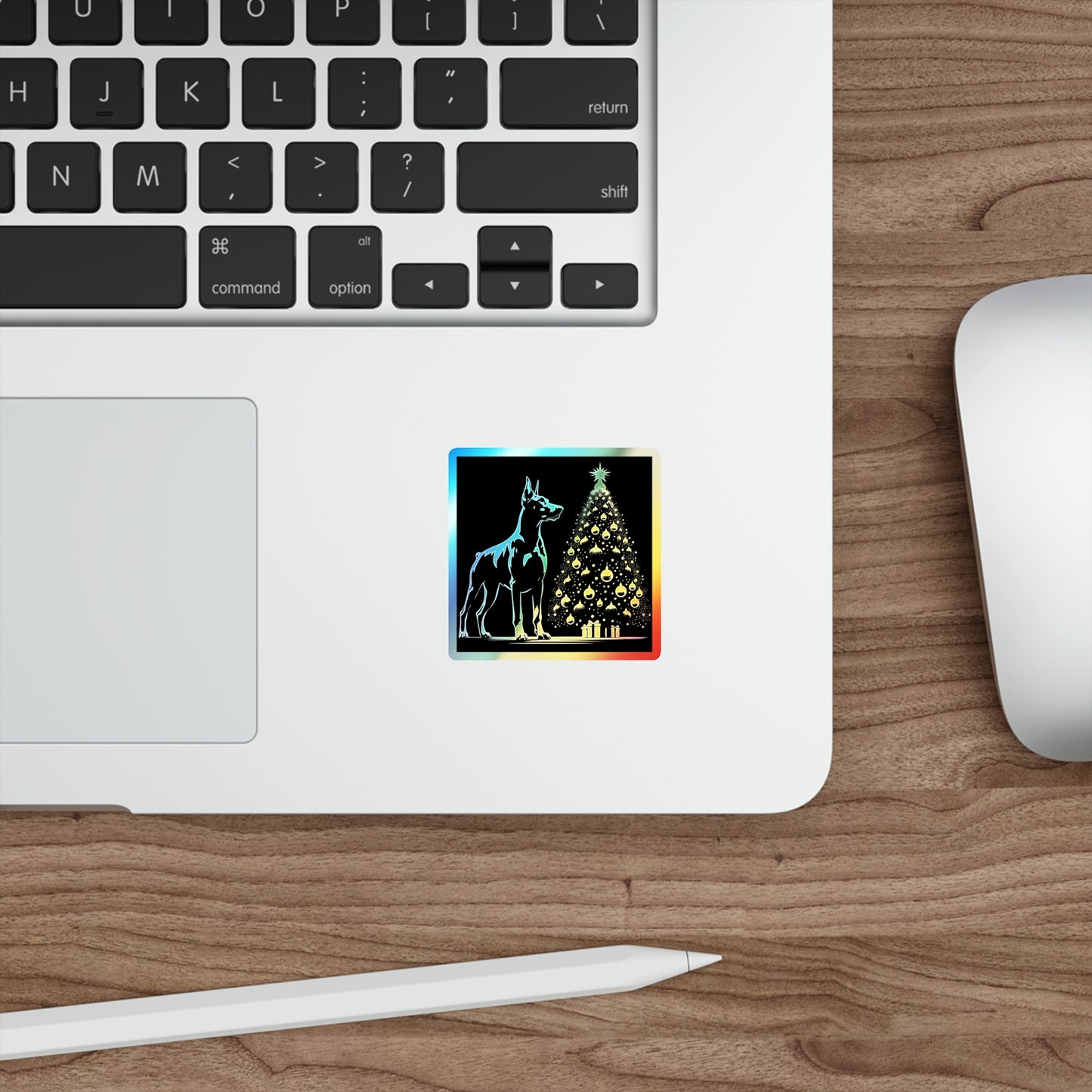 Doberman Christmas Tree Holographic Sticker