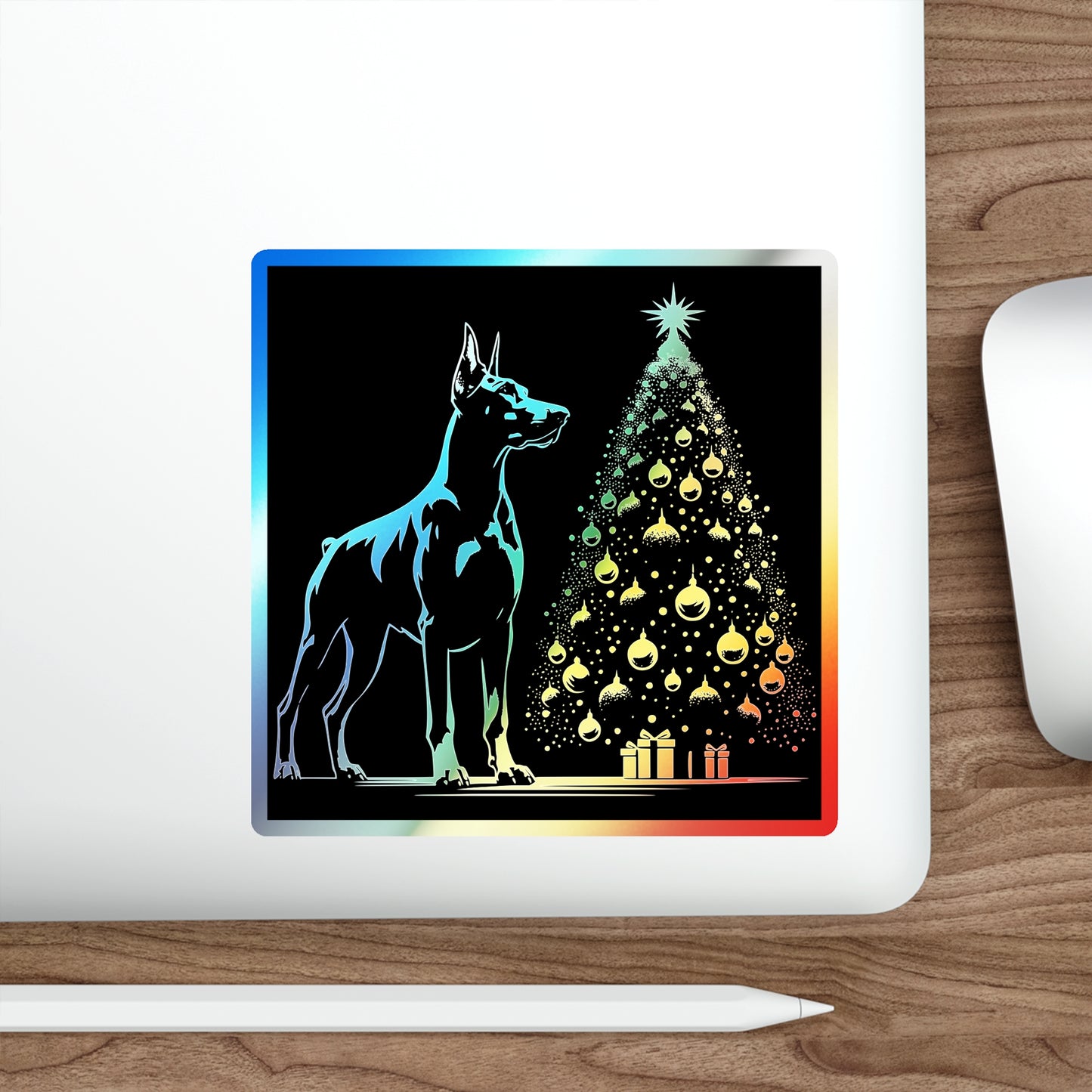 Doberman Christmas Tree Holographic Sticker