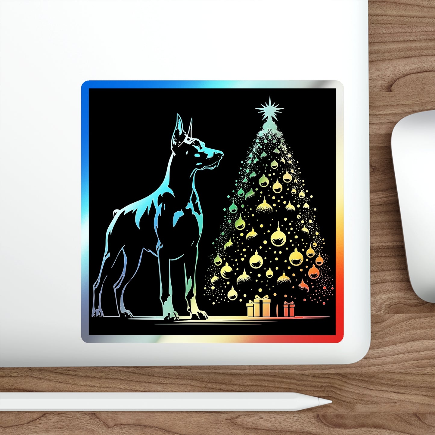 Doberman Christmas Tree Holographic Sticker