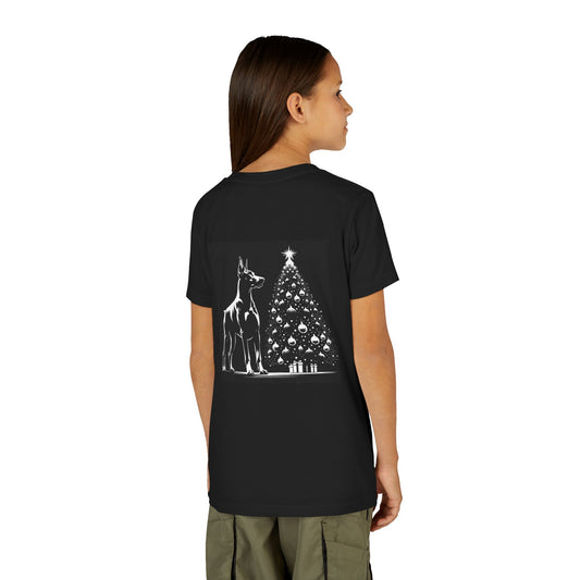 Doberman Christmas Tree Youth Unisex Short Sleeve Crewneck Tee