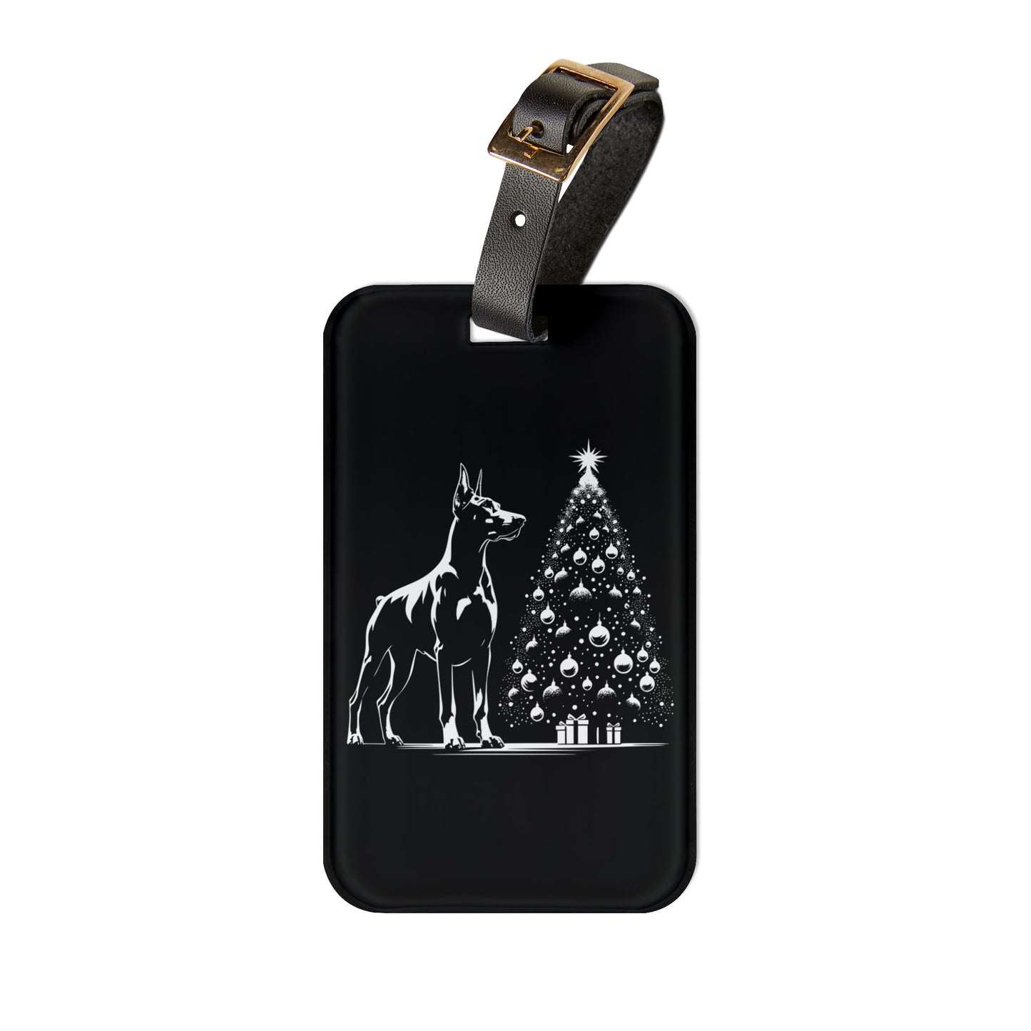 Doberman Christmas Tree Leather Strap Luggage Tag